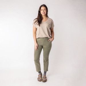 Front full body view of model wearing organic cotton cropped flare pant in bay.