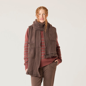 Close up front view of model wearing organic cotton oversized pocket scarf in color chocolate.
