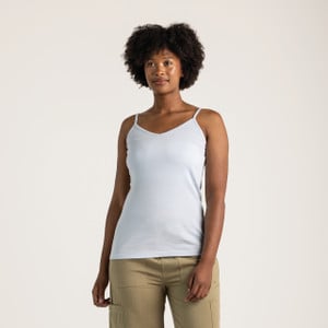 Front view of model wearing organic cotton camisole in color light blue