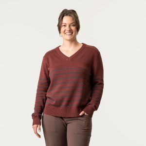 Front view of model wearing 100% Regenerative Organic Certified® Cotton  V-Neck Sweater in color masala stripe.