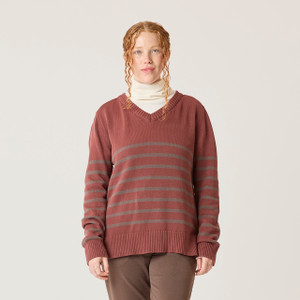 Front view of model wearing 100% Regenerative Organic Certified® Cotton  V-Neck Sweater in color masala stripe.
