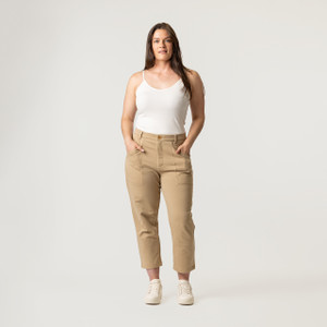 Full body front view of model wearing 100% organic cotton surplus pant in color khaki.