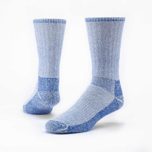 Blue organic wool mountain hiker socks.