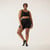 Full body front view of model wearing organic cotton blackout pocket leggings short.