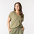Front view of model wearing organic cotton slouch tee in bay.