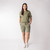 Full body view of model wearing sweat short in bay.