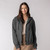Front view of model wearing hooded cardigan in pepper.