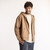 Front view of model wearing hooded cardigan in turmeric.