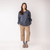 Front view of model wearing organic cotton classic crew sweatshirt in infinity blue.