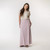 Full body front view of model wearing organic cotton maxi skirt in lavender.
