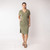 Front full body view of model wearing organic cotton kaftan dress in bay.