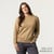 Front view of model wearing organic cotton classic crew sweater in color khaki