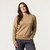 Front view of model wearing organic cotton classic crew sweater in color khaki