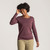 Front view of model wearing organic cotton layering tee in color plum