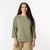 Close up front view of model wearing organic cotton 3/4 sleeve tee in color bay.