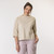 Close up front view of model wearing organic cotton 3/4 sleeve tee in color pearl.