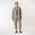 Full body front view of model wearing organic cotton button down shirt in color bay.