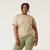 Close up front view of model wearing organic cotton French tuck tee in color putty.
