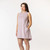Close up front view of model wearing organic cotton hi low dress in color lavender.