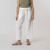 Close up front view of model wearing organic cotton harem pant in color salt.