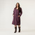 Full body front view of model wearing organic cotton workwear dress in color plum.