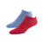 Foot form photo of organic cotton footie socks 2 pack in color denim and red.