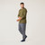 Full body side view of model wearing organic cotton waffle henley in color moss.
