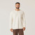 Close up front view of model wearing organic cotton waffle henley in color natural.