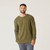 Close up front view of model wearing organic cotton waffle henley in color moss.