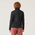 Close up back view of model wearing organic cotton turtleneck in color black.