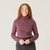 Close up front view of model wearing organic cotton turtleneck in color plum.