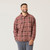 Front view of model wearing 100% Regenerative Organic Certified Cotton Plaid Workwear Shirt in masala.