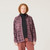Front view of model wearing 100% Regenerative Organic Certified Cotton Plaid Workwear Shirt in plum.