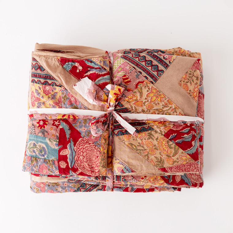 Mountain mist block print cotton duvet and sham set folded top view.