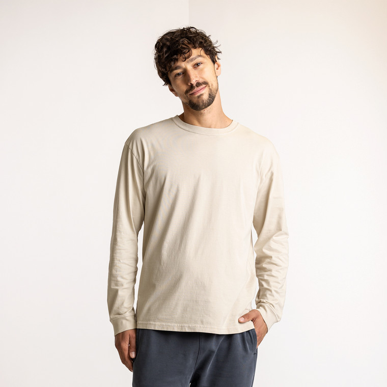 Front view of model wearing 100% Regenerative Organic Certified® Cotton - Classic Long Sleeve Tee in pearl.