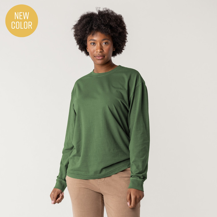 Front view of model wearing 100% Regenerative Organic Certified® Cotton - Classic Long Sleeve Tee in pine.