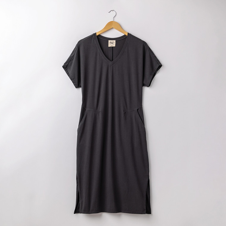 Flay lay of organic cotton kaftan dress in pepper.