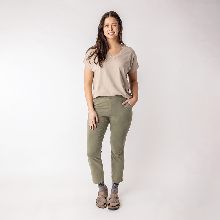 Front full body view of model wearing organic cotton cropped flare pant in bay.
