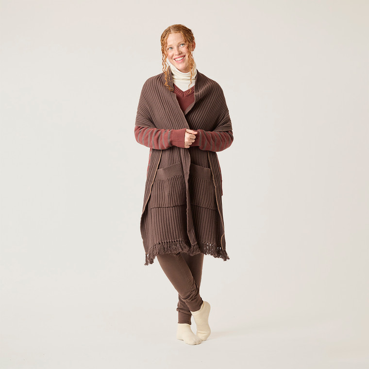 Full body front view of model wearing organic cotton oversized pocket scarf in color chocolate.