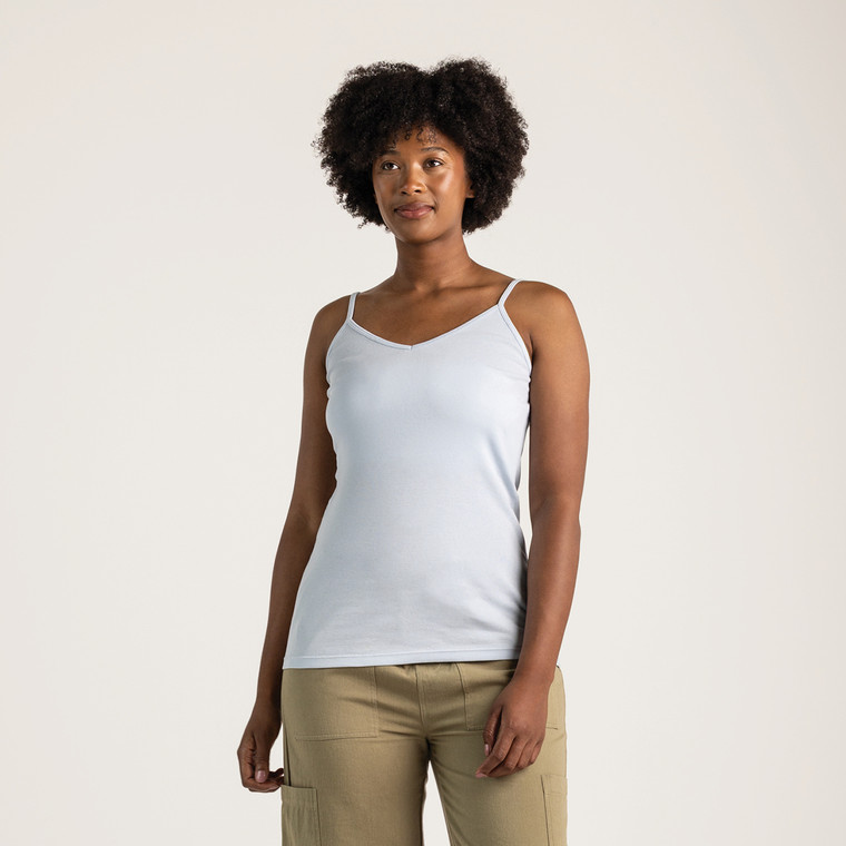 Front view of model wearing organic cotton camisole in color light blue