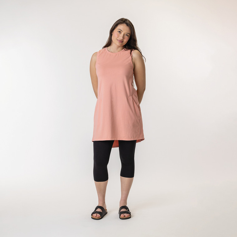 Full body front view of model wearing organic cotton hi low dress in color blush.