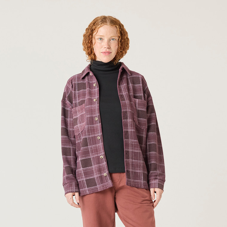 Front view of model wearing 100% Regenerative Organic Certified Cotton Plaid Workwear Shirt in plum.