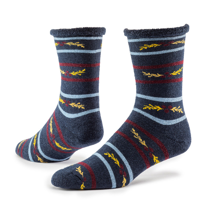 Organic wool snuggle socks in berry stripe navy.