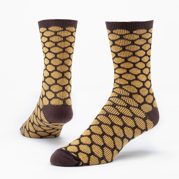 Honey and Black honeycomb patterned organic cotton bee keeper dress socks.