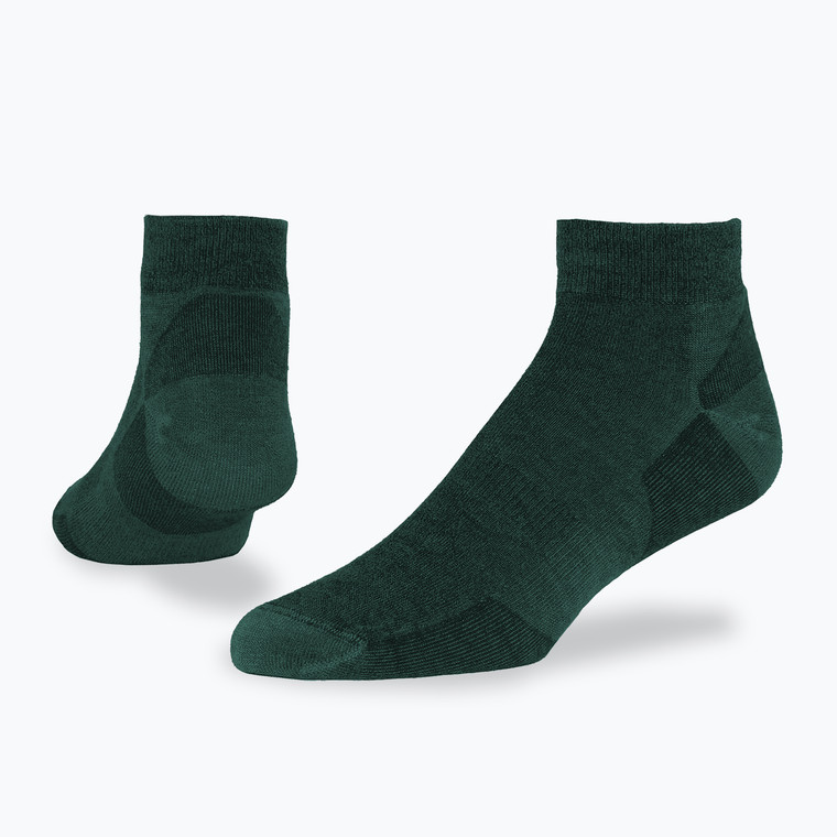 Dark green organic wool urban hiker ankle socks.