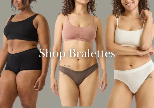 image of three women wearing maggie's bralettes with text "shop bralettes" overlayed