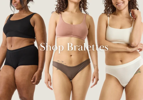 image of three women wearing maggie's bralettes with text "shop bralettes" overlayed